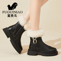 FYGUINIAO 富貴鳥 雪地靴女中跟粗跟牛皮保暖加絨棉鞋女鞋子 FN0234/1312 黑色 37