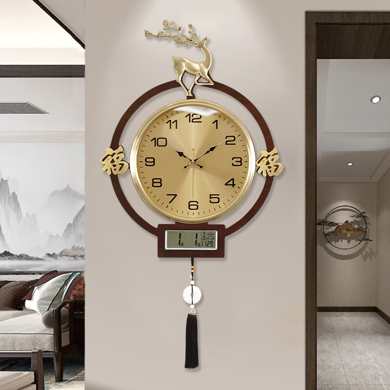 汉时（Hense）新中式挂钟客厅时钟黄铜鹿头贝壳挂表家用万年历石英钟表HW8598 贝壳盘