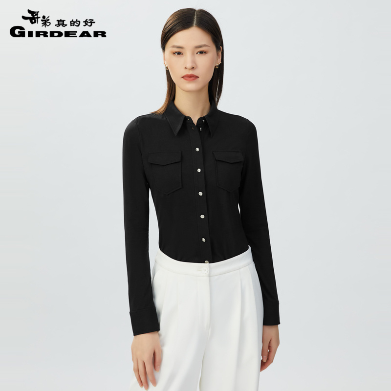哥弟真的好女装简约通勤翻领修身莫代尔衬衫女衬衣8300109 黑 M(3码)