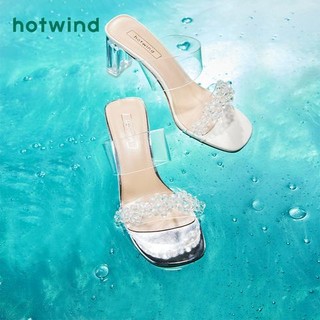 hotwind 热风 2023夏季新款女士时尚高跟凉鞋花朵装饰透明露趾粗跟时装凉鞋