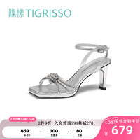 蹀愫（tigrisso）夏时尚水钻方头粗跟防水台高跟一字带凉鞋女TA43302-12 银色皱羊皮革 38