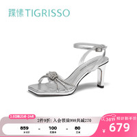 蹀愫（tigrisso）夏时尚水钻方头粗跟防水台高跟一字带凉鞋女TA43302-12 银色皱羊皮革 36