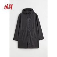 H&M 男装夹克外套冬季高领长款连帽户外潮流疏水单排扣大衣0978427 黑色 175/108A