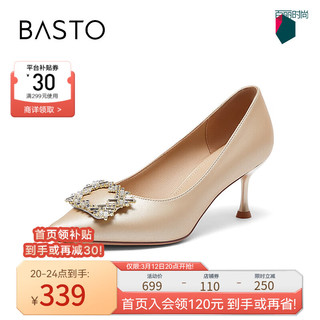 百思图（BASTO）2024春气质闪钻尖头细跟高跟鞋浅口女单鞋婚鞋MA353AQ4 金色 39