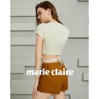 Marie Claire 嘉人 2024春季推荐高级感设计系带抽褶下摆露腰短袖圆领T恤女
