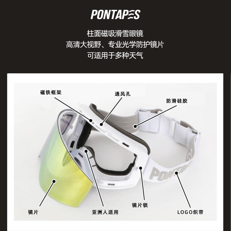 PONTAPES日本滑雪镜柱面磁吸滑雪护目眼镜防风防雾大视野可卡近视