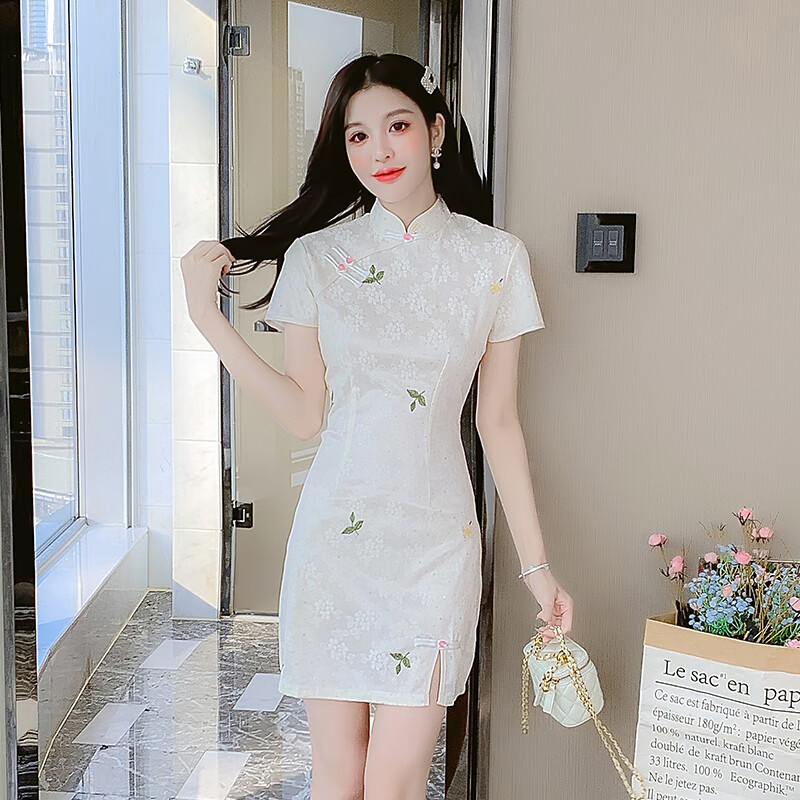家隆名秀改良版旗袍季小个子小清新年轻款少女日常气质连衣裙 米白色 L