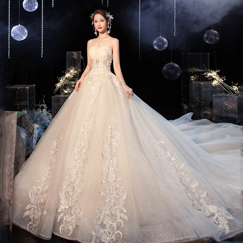 红妆饰佳 抹胸轻婚纱礼服2024新娘气质公主风星空简约拖尾主婚纱 浅香槟拖尾 L