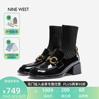 NINE WEST 玖熙 中跟袜靴女中筒弹力短靴粗跟乐福时装靴NG202009FK 黑色 35