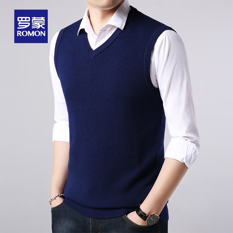 罗蒙V领背心针织衫男秋冬新款含羊毛薄款马甲无袖坎肩毛衣