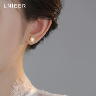 Lnieer 999纯银法式巴洛克花朵天然珍珠耳环女金色气质养耳洞四叶草耳钉