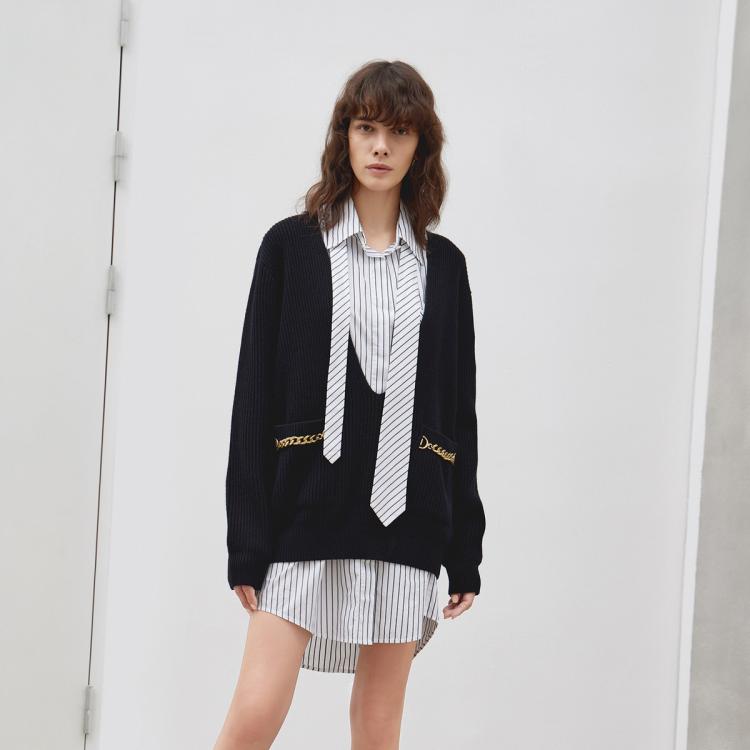 深V领金属链羊毛毛衣针织衫女装