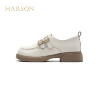 HARSON 哈森 粗跟单鞋女2024春真皮圆头时尚英伦风通勤乐福鞋女HWS240210 米色 39