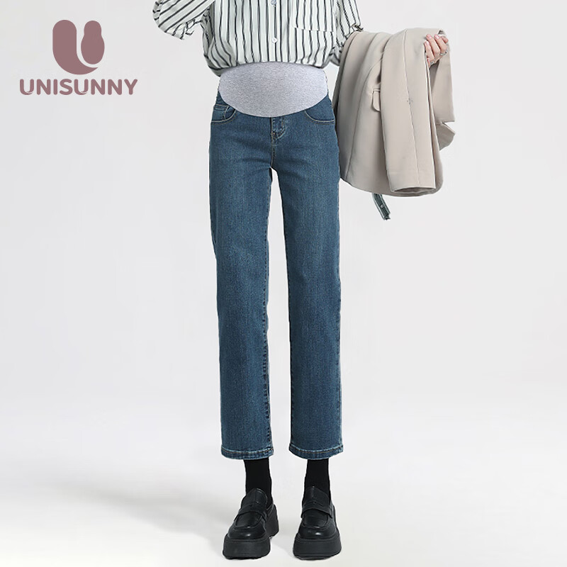 unisunny裤子春季2024牛仔裤外穿直筒九分裤托腹可调节烟管裤 复古蓝 M