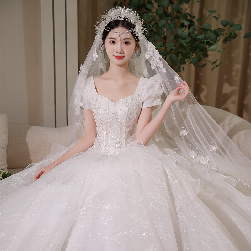 红妆饰佳婚纱2024新娘主婚纱简约时尚泡泡袖在逃公主小个子复古仪式纱 浅香槟齐地款 L