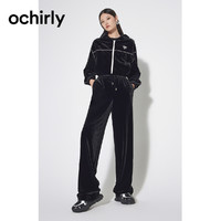 ochirly 欧时力 黑标系列 欧时力 弹力丝绒运动外套女2023新款春装休闲连帽短上衣