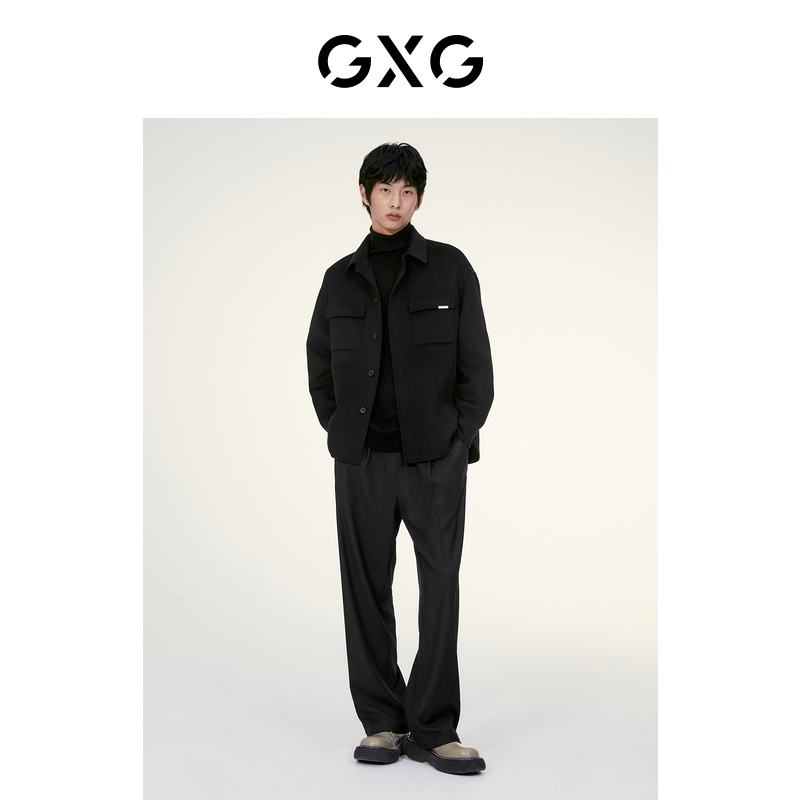 GXG奥莱 22年男装 黑色微阔金属点缀短款斯文翻领大衣 秋季