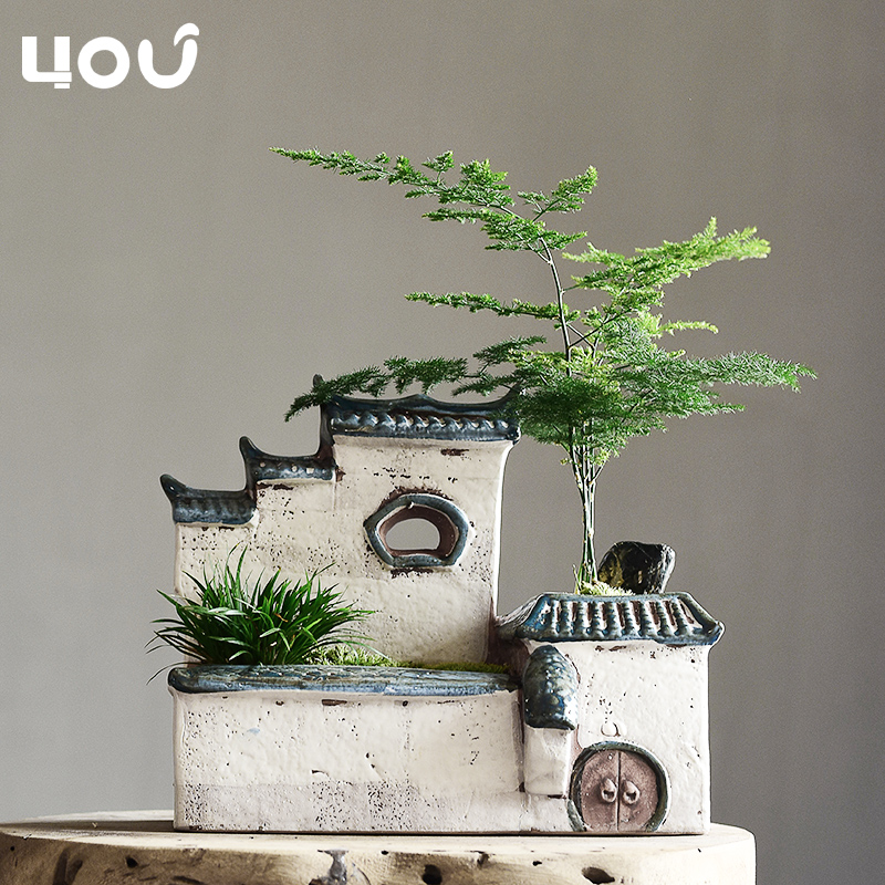 中国风房子造景文竹花盆陶瓷创意家用微景观菖蒲多肉植物花盆