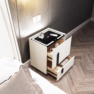 布雷尔 多功能全实木床头柜智能无线充电小户型卧室钢化玻璃收纳柜