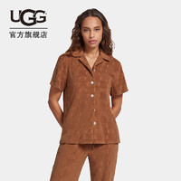 UGG夏季女士休闲舒适纯色带雕花LOGO扣领短袖衬衫 1153970 CRBR  雪松树皮棕色 XS