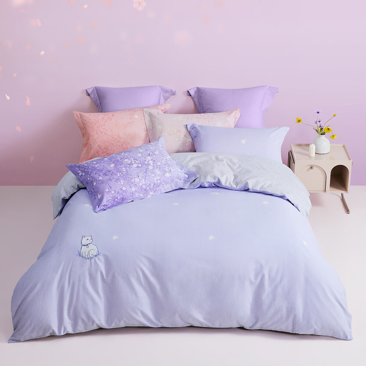 罗莱家纺纯棉三/四件套 全棉青年床单床上用品套件 藏猫猫-紫色 220*250cm