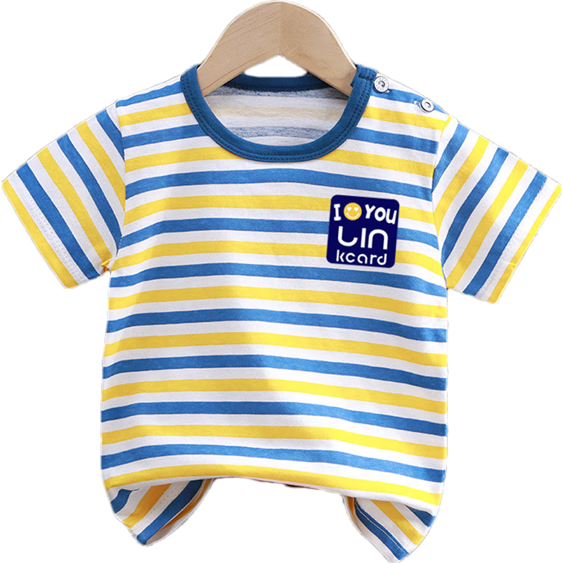易卡通 儿童纯棉短袖T恤女童夏装婴儿宝宝夏季童装男童卡通印花圆领上衣 i041-橙蓝条 120cm.