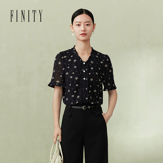 FINITY 菲妮迪 品牌雪纺衫2024夏季时尚木耳边设计印花百搭短袖上衣女 黑色印花 S