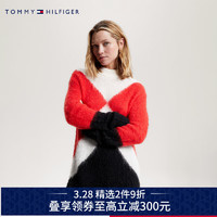 TOMMY HILFIGER女装含羊毛混纺都市休闲几何拼色绒毛宽松针织毛衣39909 红白蓝拼色0KR XS