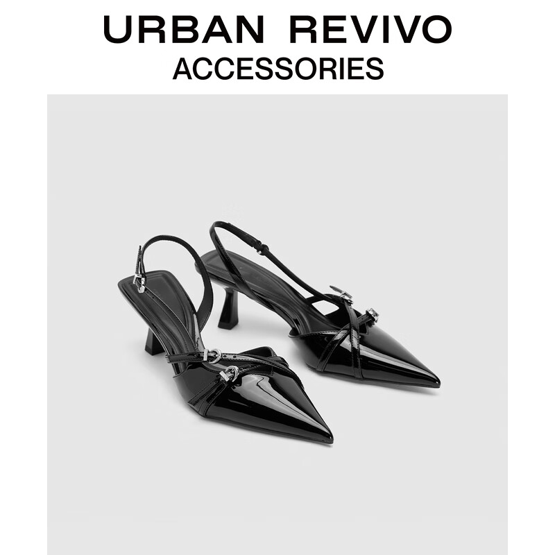 URBAN REVIVO2024夏季女士时尚小猫跟尖头空鞋UAWS40052 黑色 35