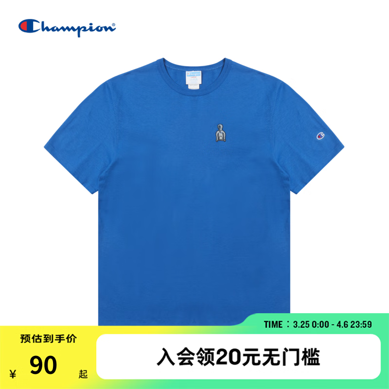 Champion冠军短袖t恤男夏日多巴胺美式复古图案刺绣纯色运动休闲 蓝色 M