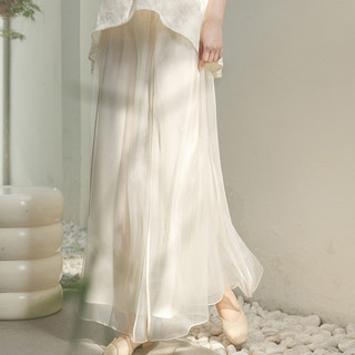 山有色新款中式国风复古女装百搭优雅气质飘逸仙女白色半身裙