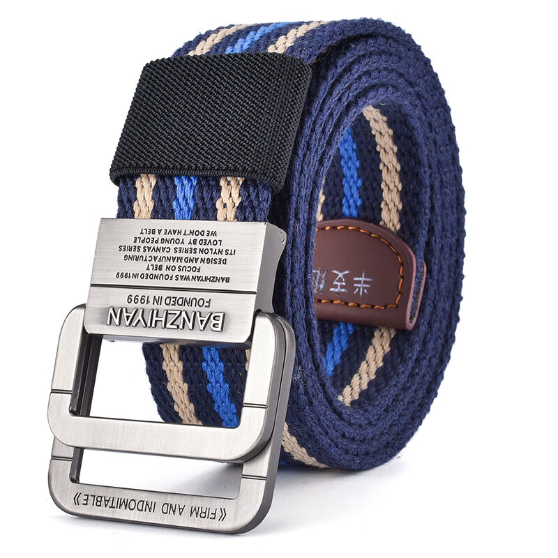 半支烟男士帆布腰带男双环扣皮带男简约韩版个性青年裤带卡其间蓝