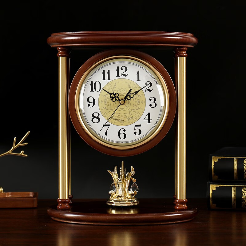 汉时(Hense)欧式实木座钟客厅台钟家用表摆放台式石英钟创意简约时钟HD381 棕色黄铜柱