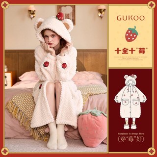 GUKOO 果壳 睡袍女冬季可爱草莓立体连帽菠萝格舒适保暖女士家居睡袍