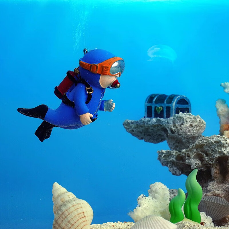 月光水母玻璃水母鱼缸造景悬浮潜水员小摆件玩具装饰浮球悬浮水中创意造景 蓝色潜水员(带浮球)