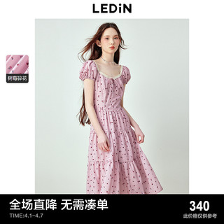 LEDIN 乐町 粉色树莓碎花裙24年夏季新款撞色领口法式短袖裙田园风连衣裙