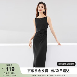 SENTUBILA 尚都比拉 气质通勤吊带连衣裙女秋季一字领抽褶修身显瘦裙子 黑色 M