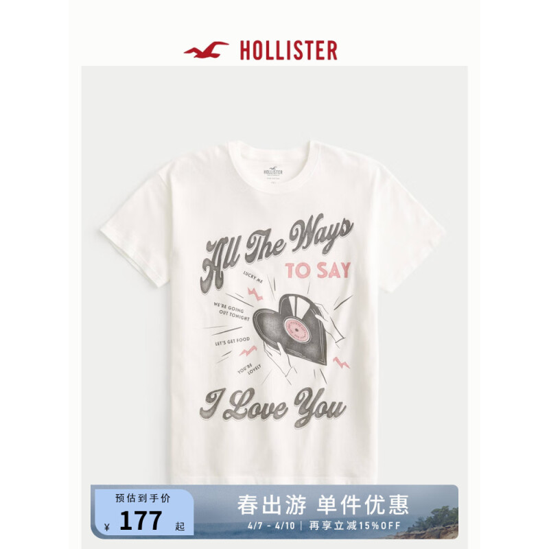 HOLLISTER24春夏美式风棉质宽松图案圆领短袖T恤 女 356681-1 乳白色 M (165/92A)