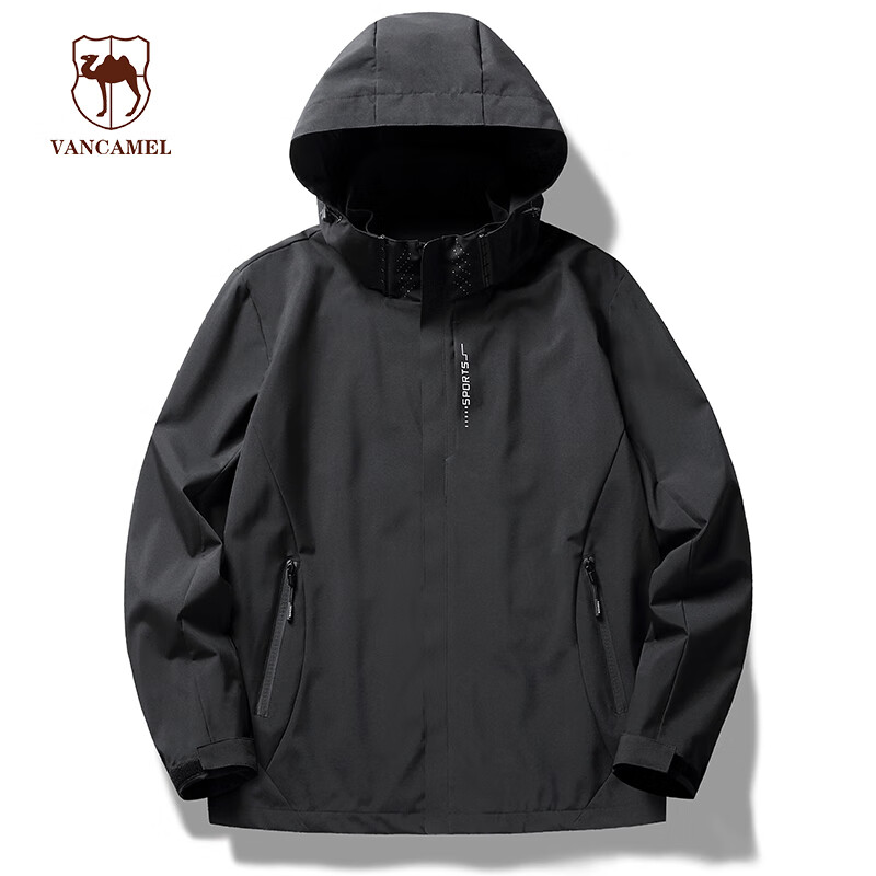 西域骆驼（VANCAMEL）男士冲锋衣春秋连帽外套运动户外登山服夹克 男黑色 4XL 