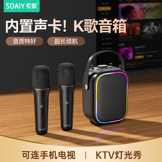 索爱（soaiy）话筒音响一体自带声卡直播设备k歌麦克风家庭ktv音响套装蓝牙音箱唱歌一体式SK6声卡版双麦黑