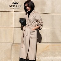 杜卡西（DEKASE）品牌水波纹羊毛呢外套女赫本风高档气质双面羊绒大衣 米白色 XS