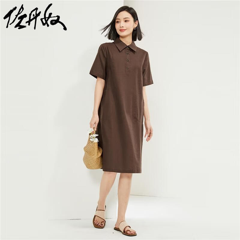 佐丹奴亚麻裙子女文艺棉麻压线口袋薄短袖衬衫连衣裙13464306 87酱棕 L
