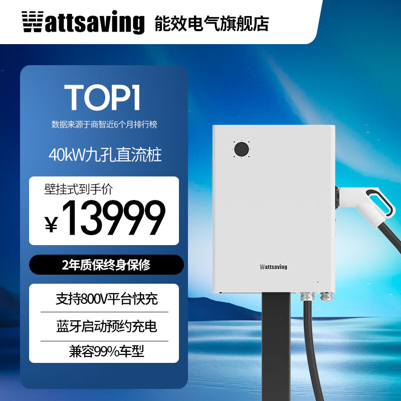 Wattsaving能效40kW充电桩适用蔚来极氪M9小鹏红旗EMQ5小米su7比亚迪秦PLUS大功率直流桩汽车新能源家充电桩 40kW直流充电机-T40B蓝牙版-白色 壁挂式