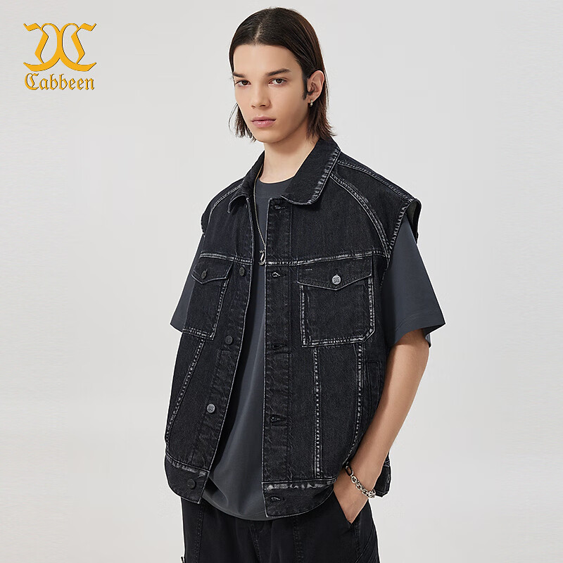 卡宾男装潮流牛仔马甲宽松24夏上衣外套H3242114002 煤黑色01 46