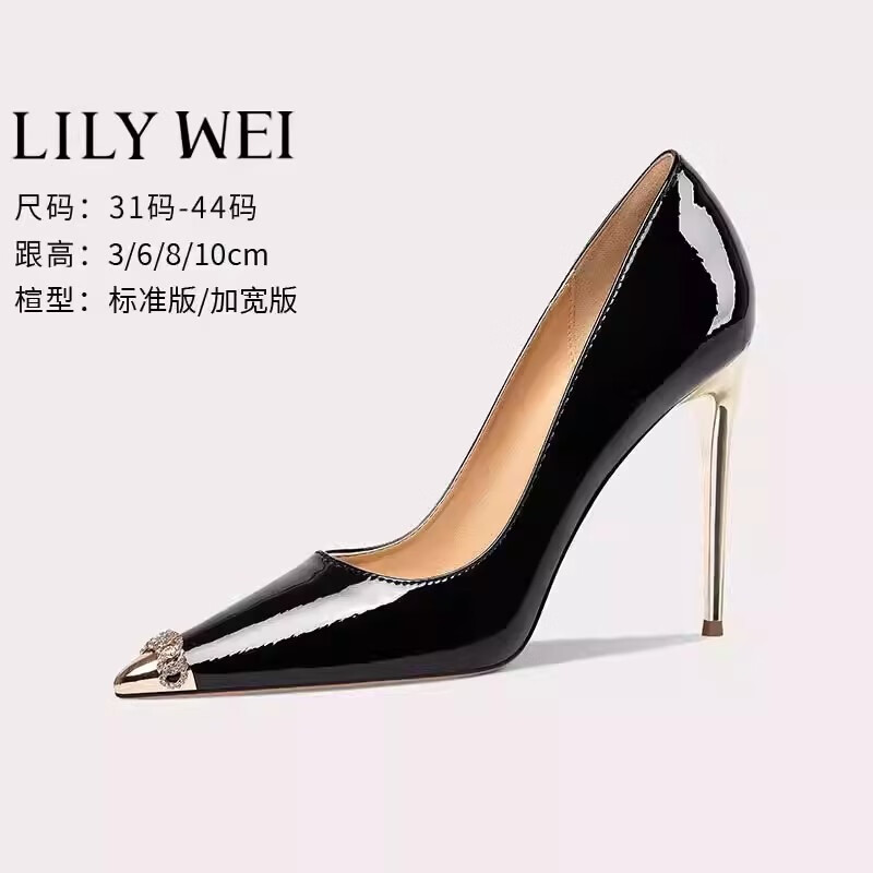 Lily Wei2024年春单鞋女尖头细跟高跟鞋设计感气质名媛大小码女鞋 黑色【跟高8cm】 35