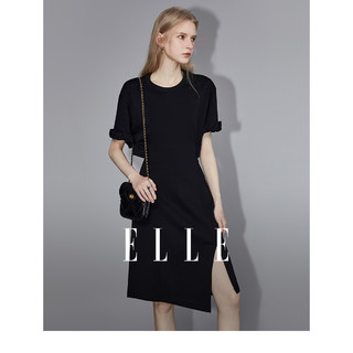 ELLE 她 黑色设计感短袖纯棉连衣裙女2024夏季新款宽松显瘦高腰裙子
