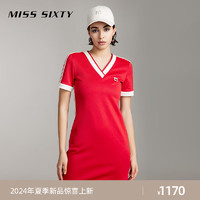 MISS SIXTY2024夏季连衣裙女美式复古运动风短袖V领拼色显瘦 大红 XS