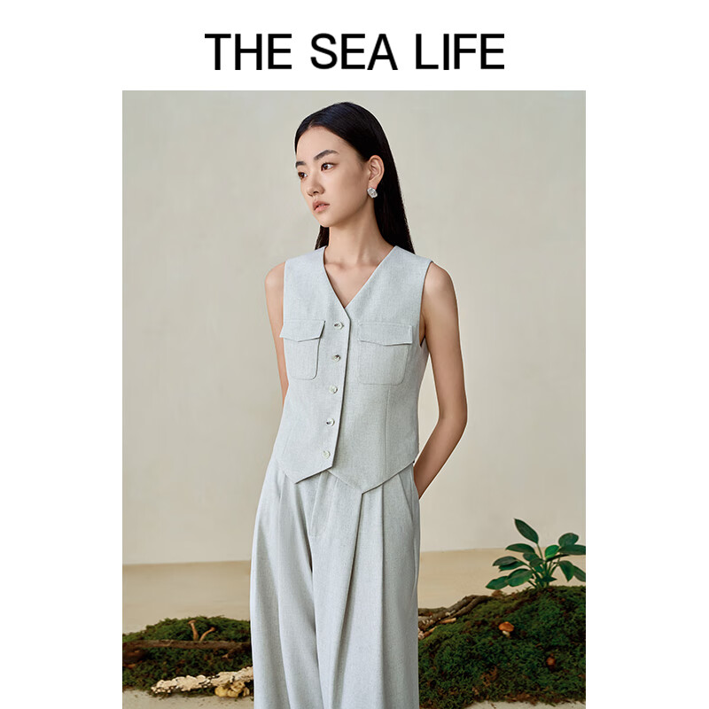 THE SEA LIFE欧海一生 简约V领马甲女2024春季气质百搭XE15506 冰河灰 S