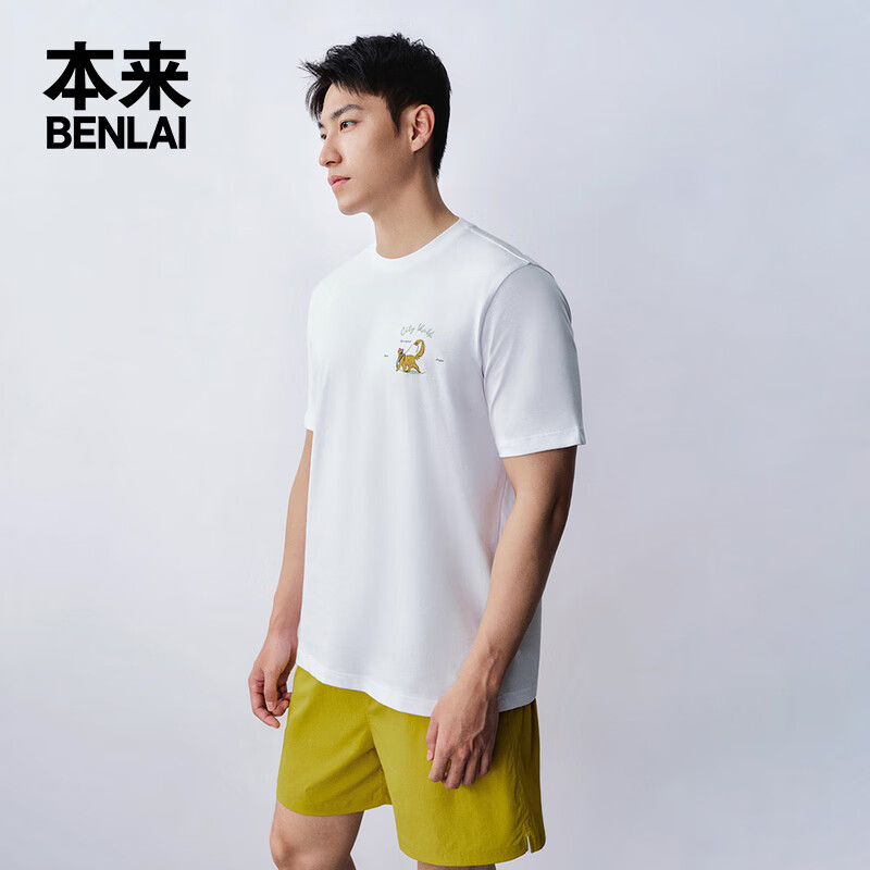 本来BENLAI男士全棉趣味印花短袖t恤男2024夏季休闲圆领上衣 本白 S