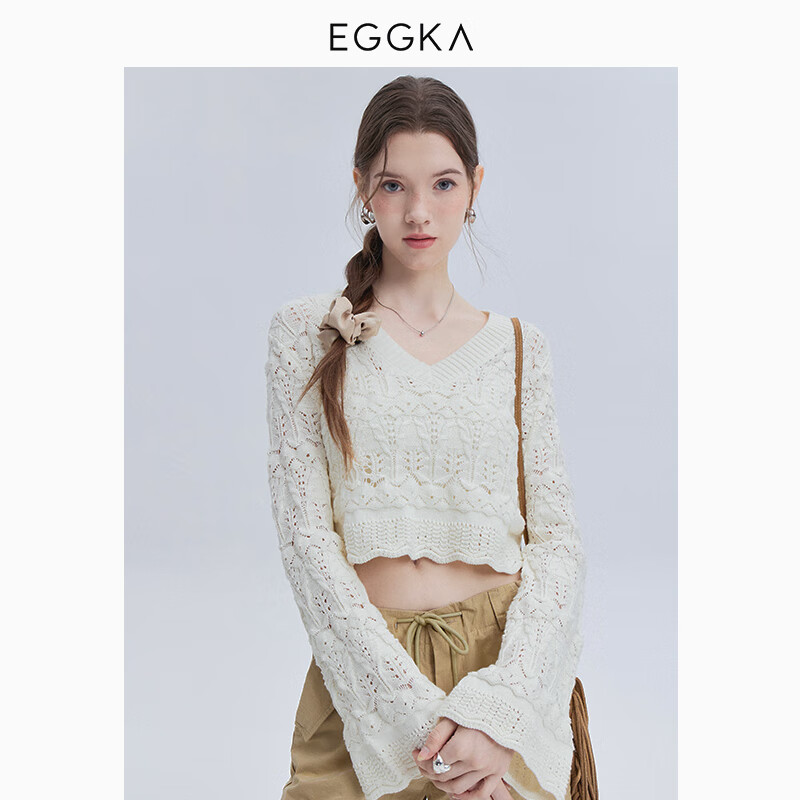 EGGKA  V领喇叭袖镂空针织衫春秋法式设计感小众别致短款上衣 白色 M